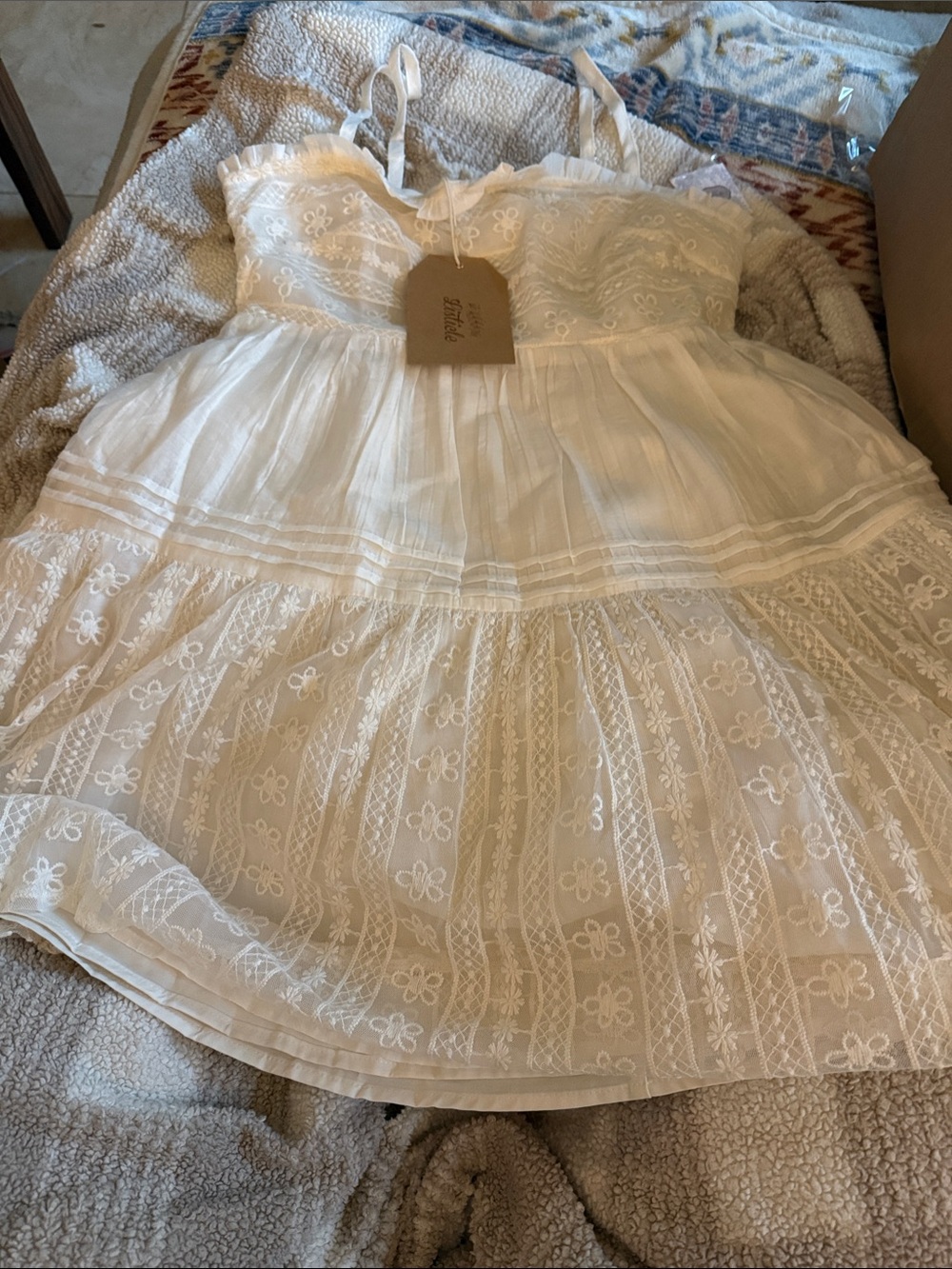 Cream Lace Tiered Sundress with Spaghetti Straps